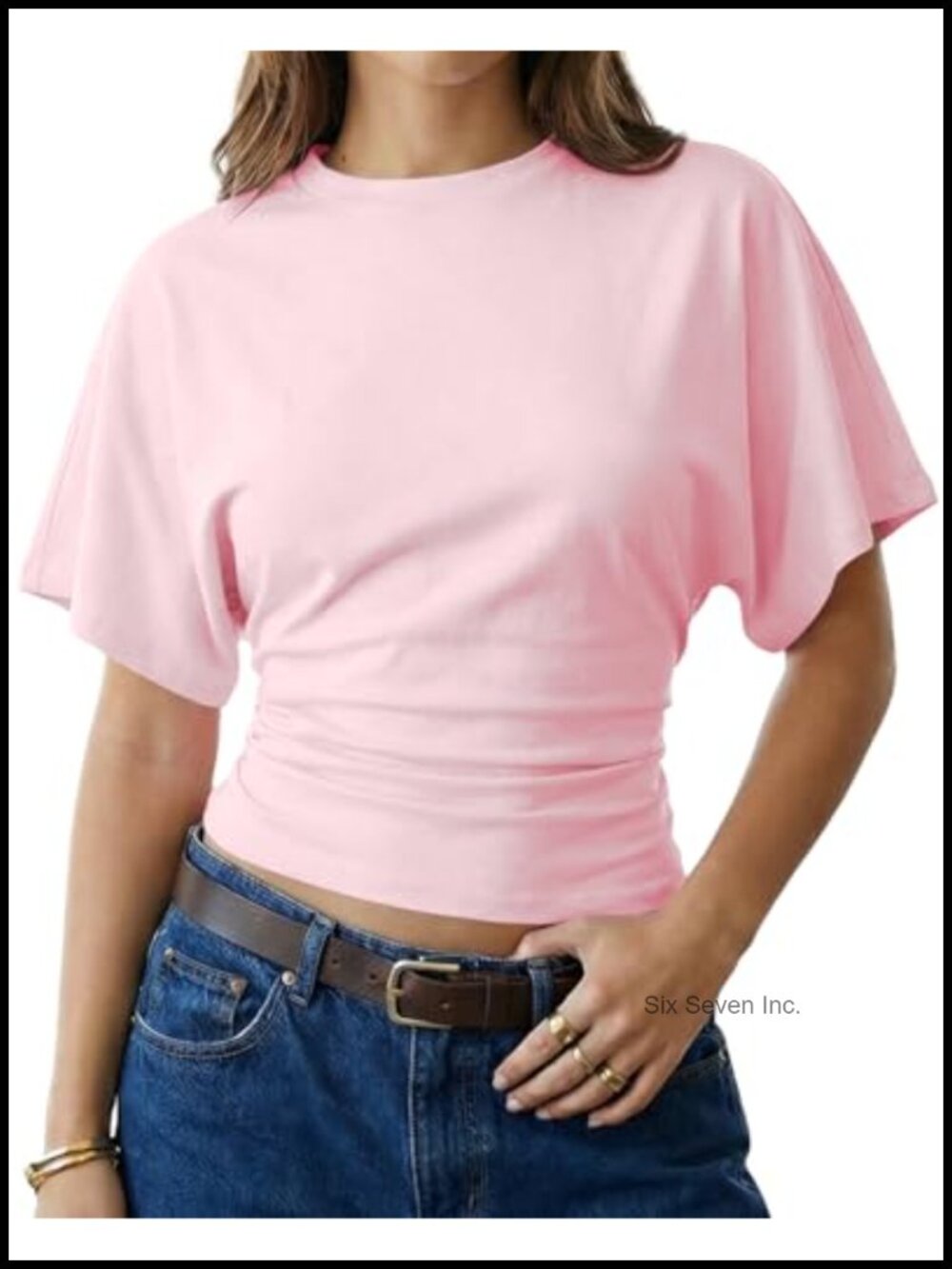 Cotton Ruched Cinched Waist Crop Tee Short Sleeve Y2K Casual Summer Top